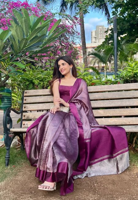 Handloom Stripe Pattu Silk Chanderi Saree in Dual-Tone Wine & Silver