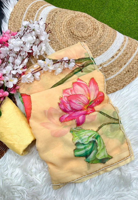 Yellow Georgette Floral Saree with Khatli Handwork Border