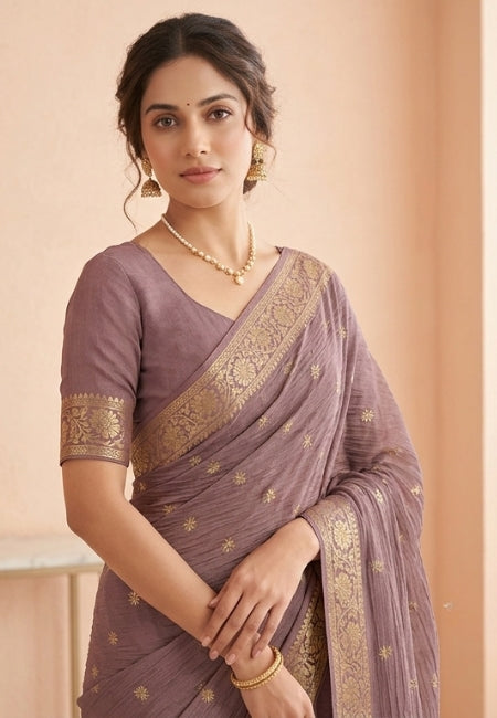 Coffee Brown Chiffon Party Wear Saree with Gold Jacquard Border & Delicate Bead Work