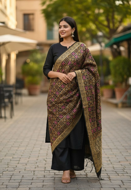 Unstitched Banarasi Soft Katan Silk Plain Suit in Black with Heavy Jaal Weaving Dupatta
