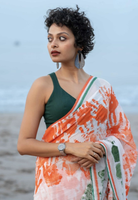 Tricolor Handprint Linen Saree – Independence Day Edition