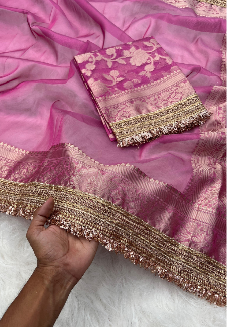 Elegant Pink Tissue Silk Woven Kaat Band Work Saree with Premium Lace