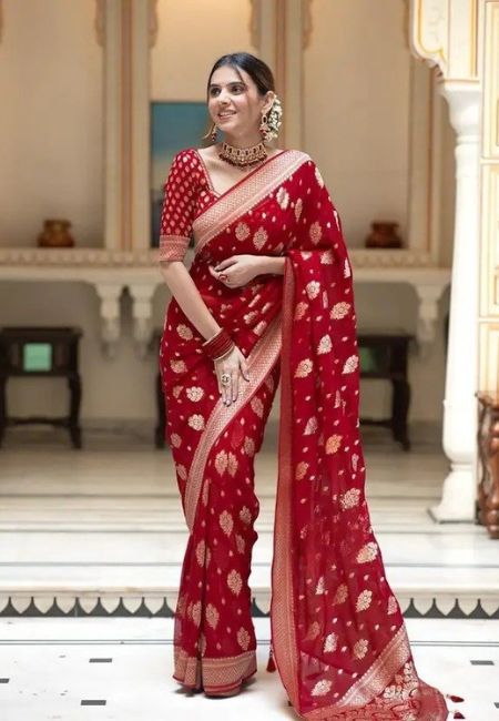 Majestic Red Semi-Georgette Silk Water Zari Saree – Lightweight & Premium Finish