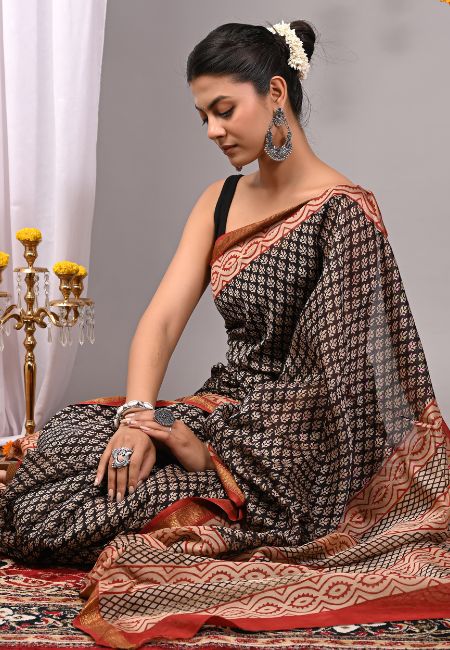 Maheshwari Silk Saree with Red and Beige Handblock Print