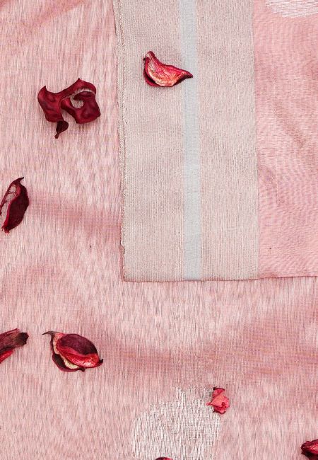 Peach Blossom Pure Chanderi Silk Saree with Yellow Self-Design and Rose Gold Border