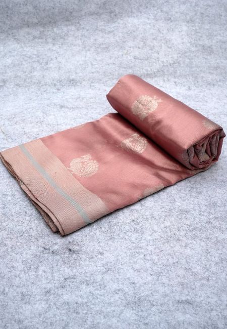 Peach Blossom Pure Chanderi Silk Saree with Yellow Self-Design and Rose Gold Border