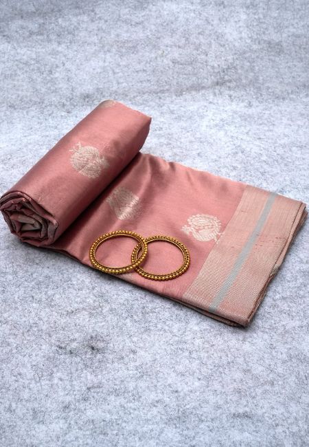 Peach Blossom Pure Chanderi Silk Saree with Yellow Self-Design and Rose Gold Border