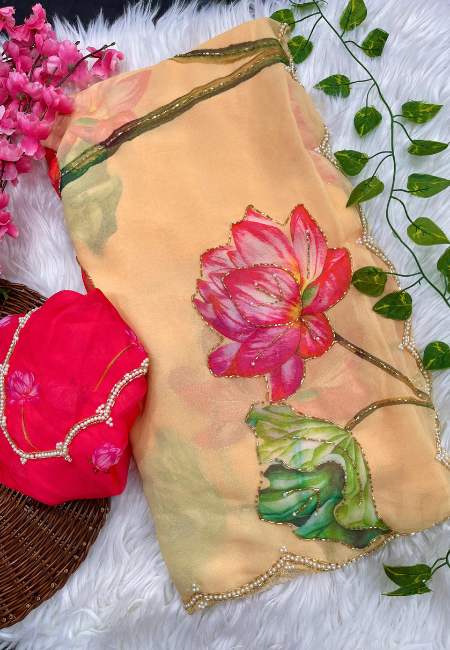 Yellow Georgette Floral Saree with Khatli Handwork Border