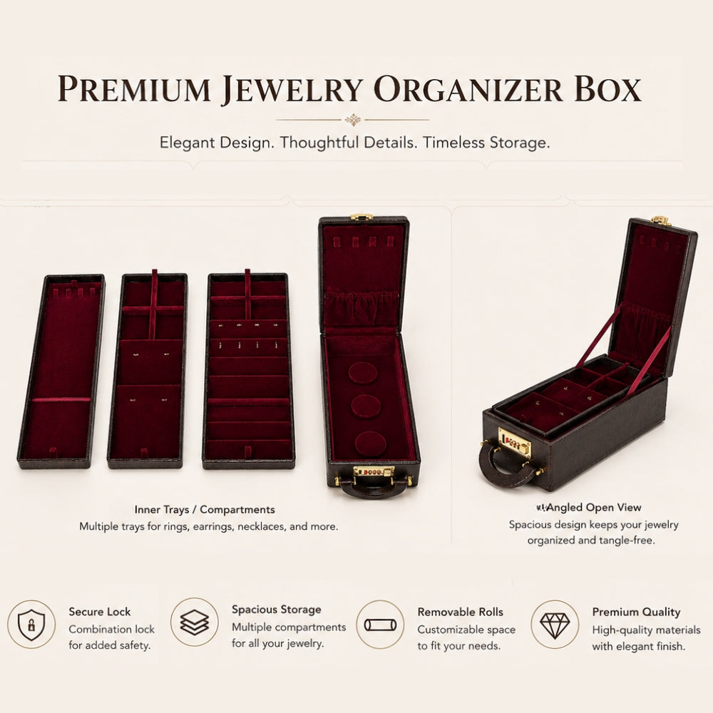 Luxury Leather Jewellery Box with Combination Lock & Multi-Compartment Organizer (30.48 × 12.95 × 10.16 cm)