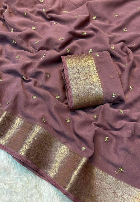 Coffee Brown Chiffon Party Wear Saree with Gold Jacquard Border & Delicate Bead Work