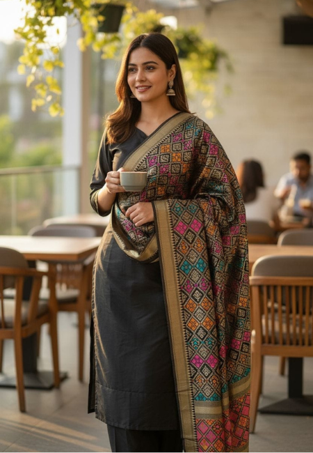 Unstitched Banarasi Soft Katan Silk Plain Suit in Black with Heavy Multicolour Jaal Weaving Dupatta