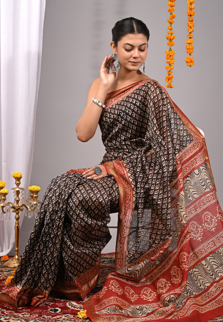 Maheshwari Silk Handblock Printed Saree with Natural Dyes