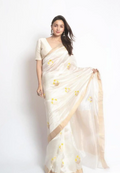 Off-White Chanderi Pattu Silk Saree with Yellow Self-Design and Metallic Zari Border