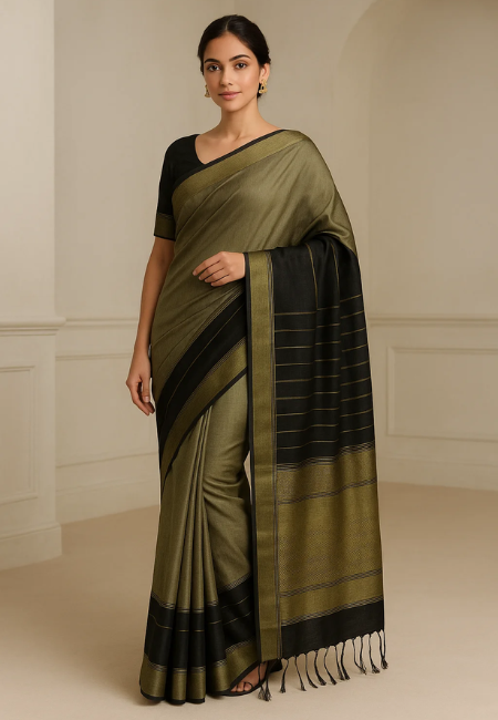 Midnight Grace Pure Handloom Cotton Silk Saree in Black