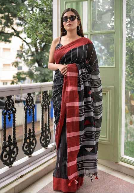 Black Mul Cotton Saree with Tassel Work & Running Blouse Piece