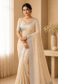 Cream Chiffon Party Wear Saree with Silver Jacquard Border & Delicate Bead Work