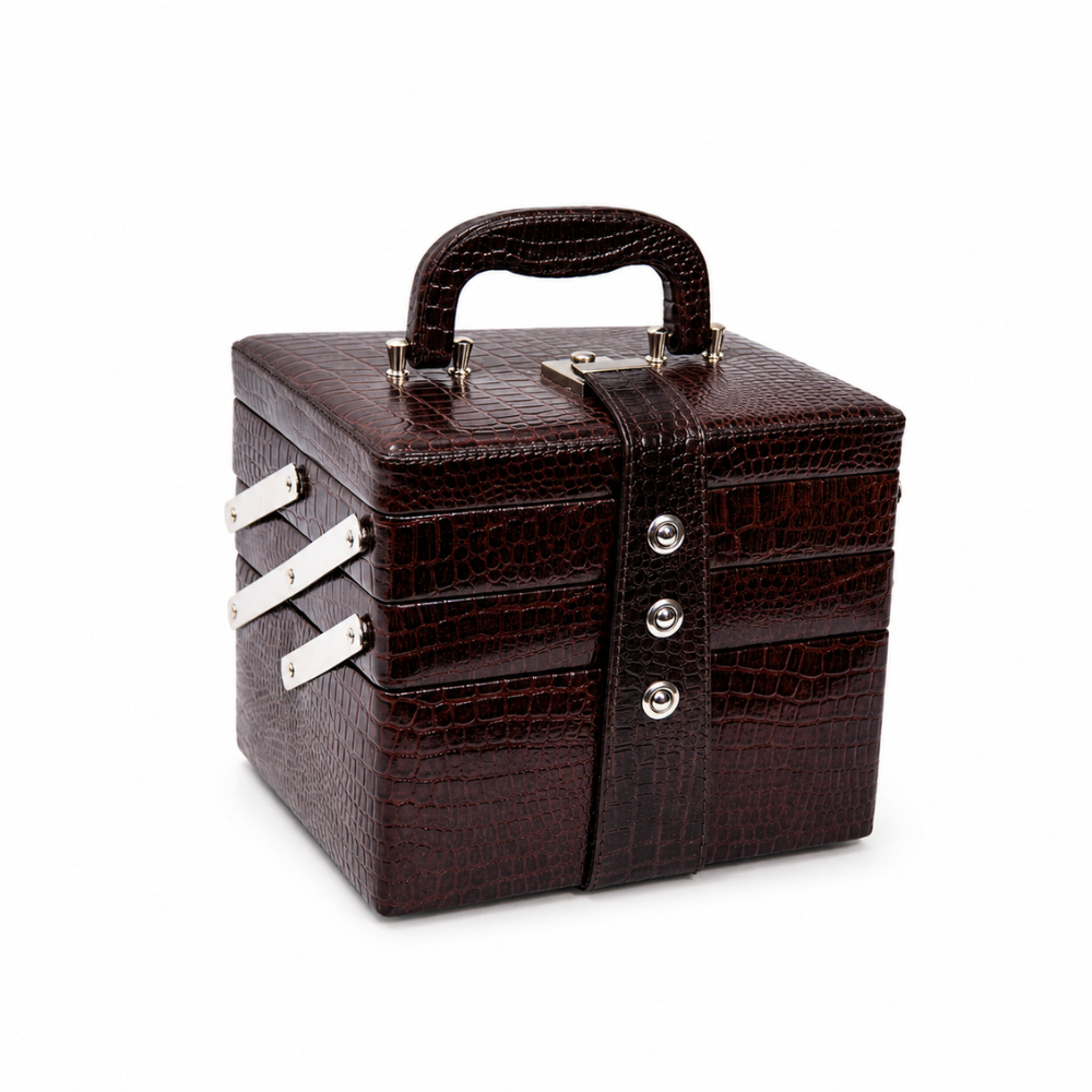 Luxury Brown Crocodile Leather Jewellery Vanity Box with Mirror, Multi-Layer Expandable Storage & Portable Travel Organizer (20.32 × 17.27 × 16.51 cm)