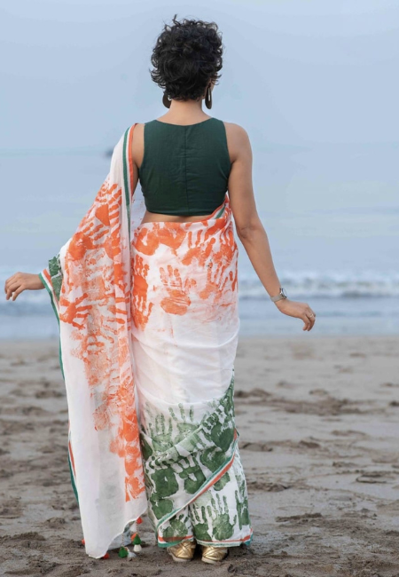 Tricolor Handprint Linen Saree – Independence Day Edition
