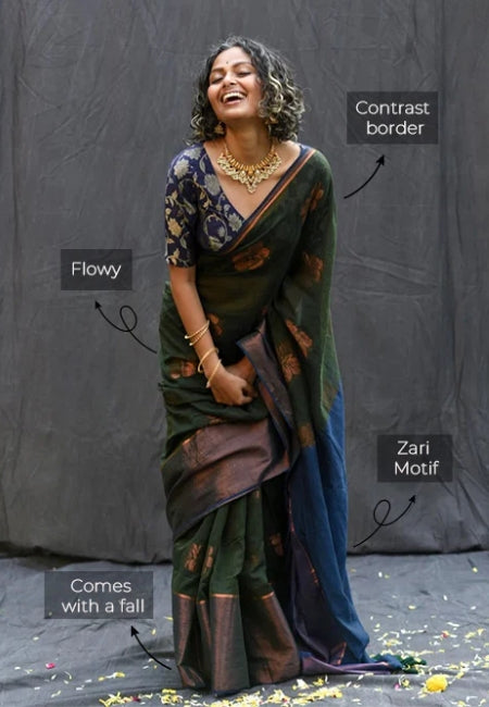 Elegant Deep Green Handloom Mul Cotton Saree with Hibiscus Butta & Zari Weaving