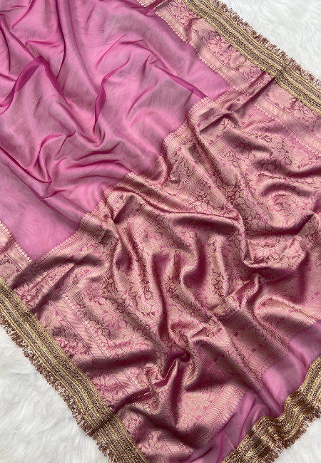 Elegant Pink Tissue Silk Woven Kaat Band Work Saree with Premium Lace