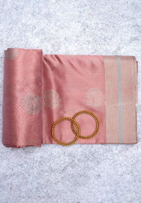 Peach Blossom Pure Chanderi Silk Saree with Yellow Self-Design and Rose Gold Border