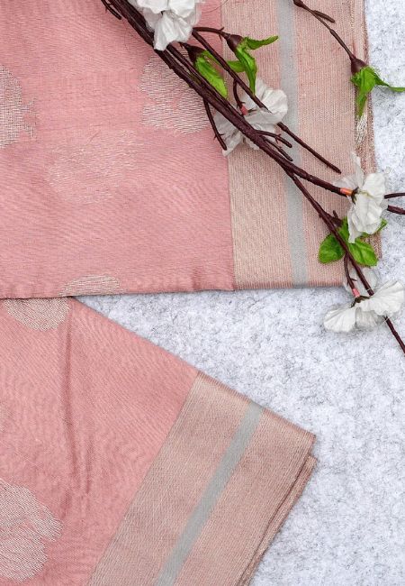 Peach Blossom Pure Chanderi Silk Saree with Yellow Self-Design and Rose Gold Border