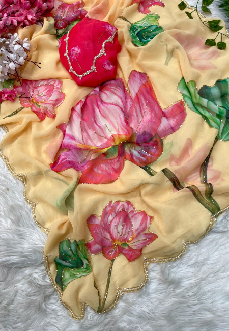 Yellow Georgette Floral Saree with Khatli Handwork Border
