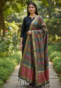 Unstitched Banarasi Soft Katan Silk Plain Suit in Black with Heavy Multicolour Jaal Weaving Dupatta