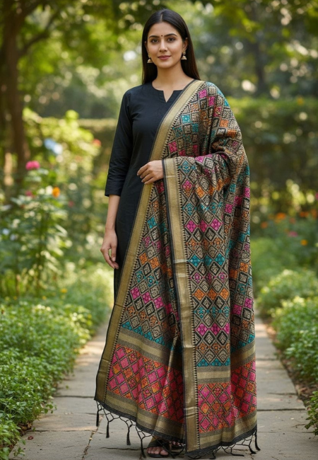 Unstitched Banarasi Soft Katan Silk Plain Suit in Black with Heavy Multicolour Jaal Weaving Dupatta