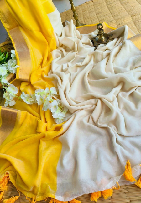 Soft Mul Cotton Saree – White with Yellow & Gold Borders (No Blouse Piece)