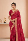 Wine Red Chiffon Party Wear Saree with Gold Jacquard Border & Delicate Bead Work