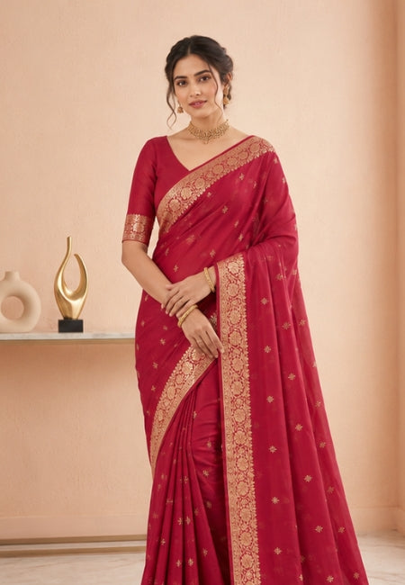 Wine Red Chiffon Party Wear Saree with Gold Jacquard Border & Delicate Bead Work