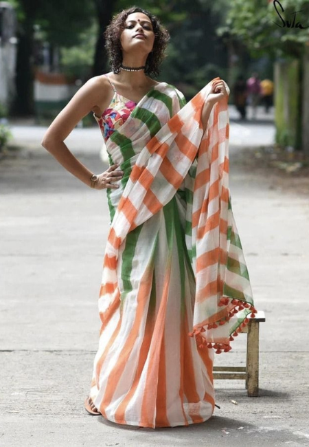 Independence Day Tricolor Linen Saree with Tassels