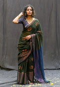 Elegant Deep Green Handloom Mul Cotton Saree with Hibiscus Butta & Zari Weaving