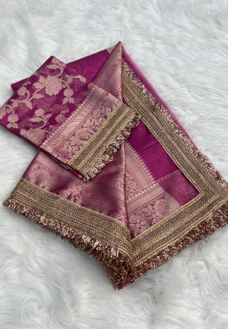 Elegant Pink Tissue Silk Woven Kaat Band Work Saree with Premium Lace