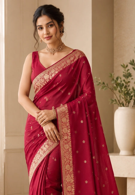 Wine Red Chiffon Party Wear Saree with Gold Jacquard Border & Delicate Bead Work