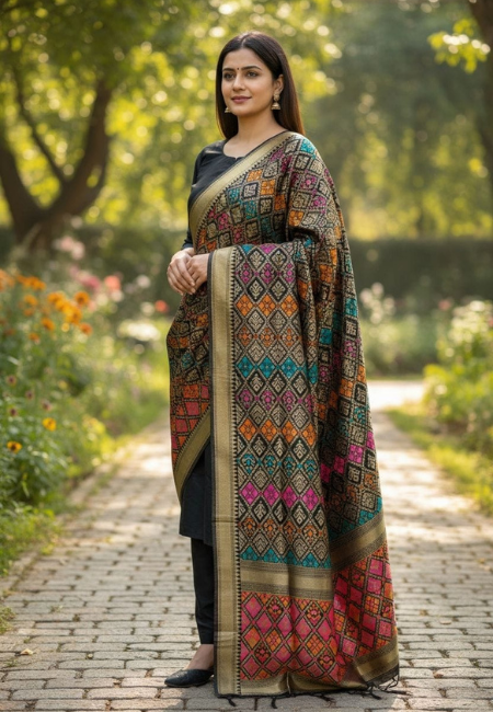 Unstitched Banarasi Soft Katan Silk Plain Suit in Black with Heavy Multicolour Jaal Weaving Dupatta