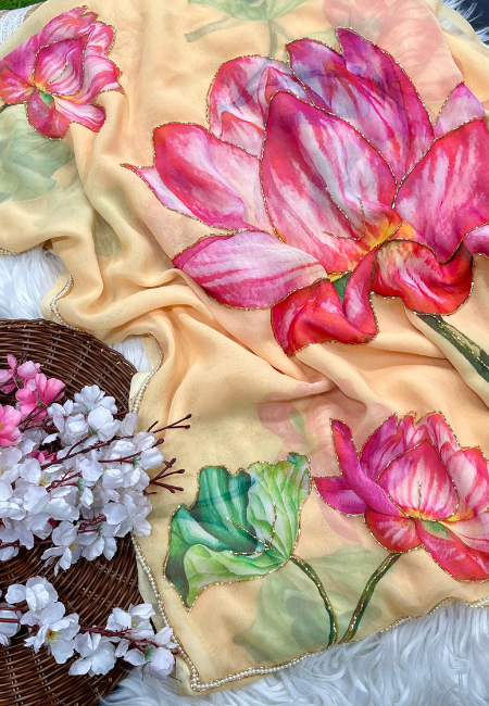 Yellow Georgette Floral Saree with Khatli Handwork Border