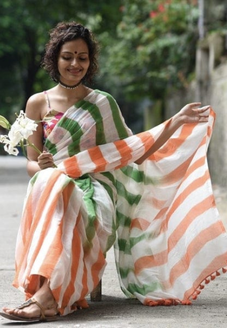 Independence Day Tricolor Linen Saree with Tassels