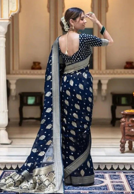 Regal Navy Blue Semi-Georgette Silk Water Zari Saree – Premium Soft Drape