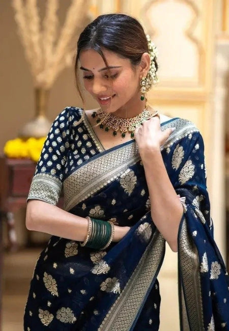 Regal Navy Blue Semi-Georgette Silk Water Zari Saree – Premium Soft Drape