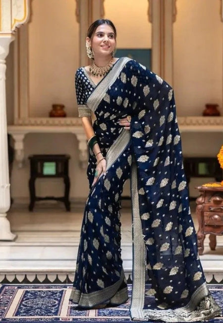 Regal Navy Blue Semi-Georgette Silk Water Zari Saree – Premium Soft Drape