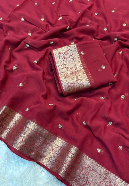 Wine Red Chiffon Party Wear Saree with Gold Jacquard Border & Delicate Bead Work