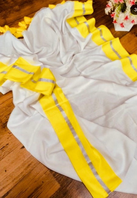 Soft Mul Cotton Saree – White with Yellow & Grey Borders (No Blouse Piece)