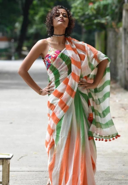 Independence Day Tricolor Linen Saree with Tassels