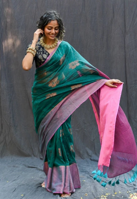Elegant Teal Green Handloom Mul Cotton Saree with Hibiscus Butta & Zari Weaving