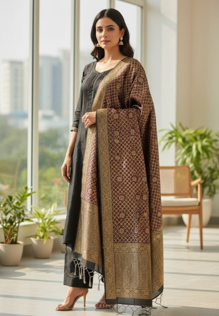 Unstitched Banarasi Soft Katan Silk Plain Suit in Black with Heavy Jaal Weaving Dupatta