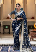 Regal Navy Blue Semi-Georgette Silk Water Zari Saree – Premium Soft Drape