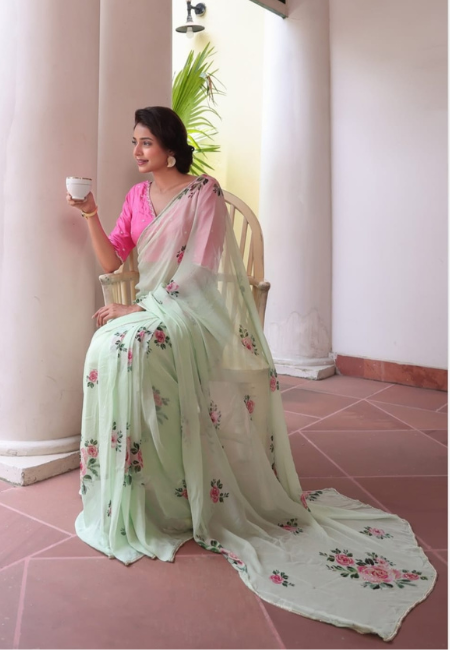 Mint Green Georgette Floral Saree with Khatli Handwork Border