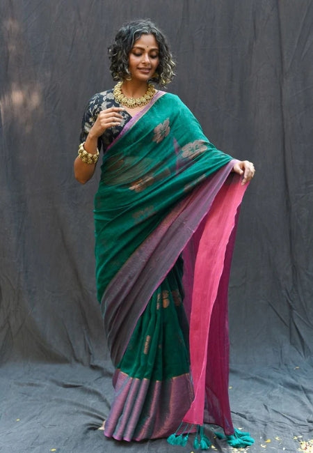Elegant Teal Green Handloom Mul Cotton Saree with Hibiscus Butta & Zari Weaving